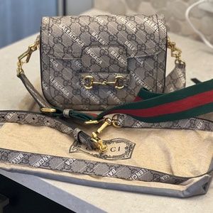 Guccix Balenciaga The Hacker Project Horsebit 1955 Shoulder Bag GG Coated Canvas
